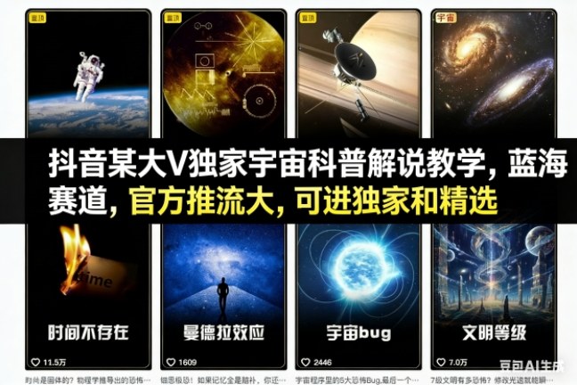 抖音某大V独家宇宙科普解说教学,蓝海赛道,官方推流大,可进独家和精选-百盟网