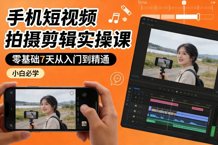 手机短视频拍摄剪辑实操课,零基础7天从入门到精通,小白必学-百盟网