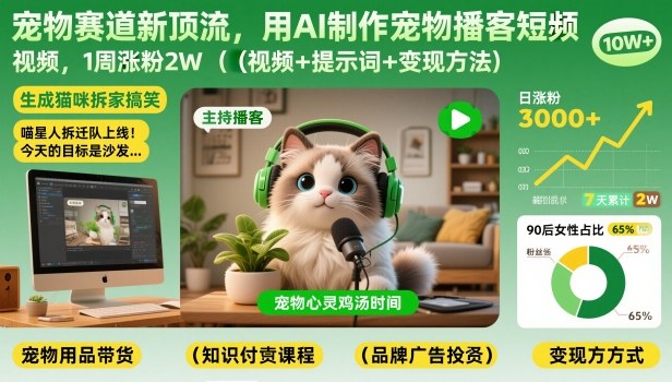 宠物赛道新顶流,用AI制作宠物播客短视频,1周涨粉2W(视频+提示词+变现方法)-百盟网