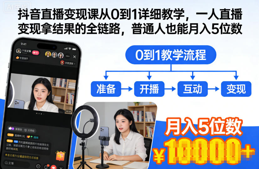 抖音直播变现课从0到1详细教学,一人直播变现拿结果的全链路,普通人也能月入5位数-百盟网