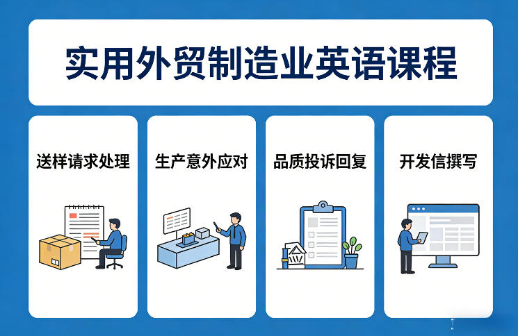 实用外贸制造业英语课程,教你专业处理送样请求、应对生产意外、回复品质投诉、撰写开发信等-百盟网