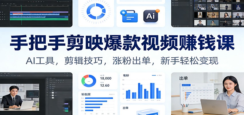 手把手剪映爆款视频赚钱课:AI工具,剪辑技巧,涨粉出单,新手轻松变现-百盟网