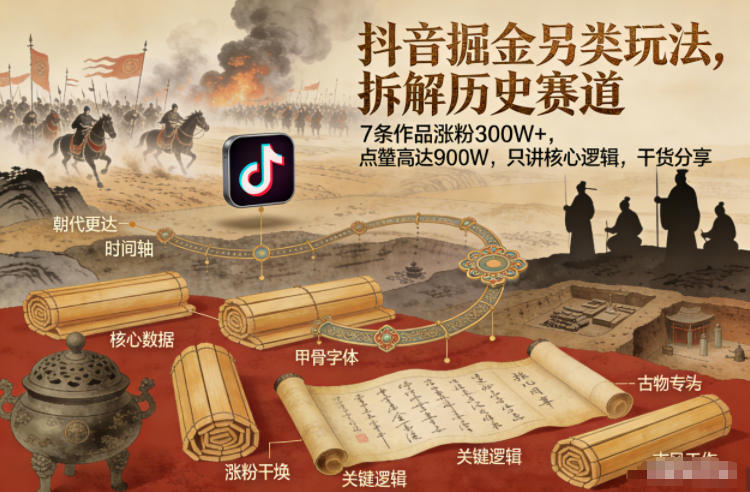抖音掘金另类玩法,拆解历史赛道,7条作品涨粉300W+,点赞量高达900W,只讲核心逻辑,干货分享-百盟网