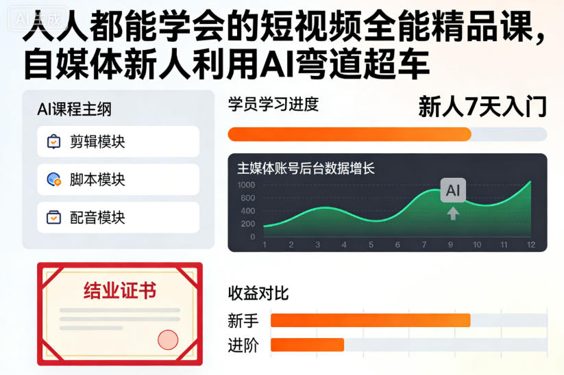 人人都能学会的短视频全能精品课,自媒体新人利用AI弯道超车-百盟网