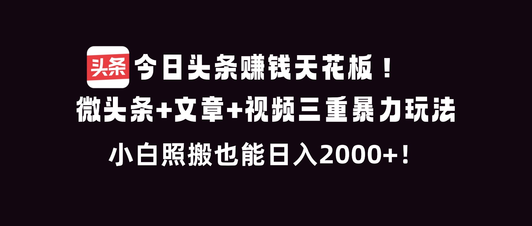 今日头条赚钱天花板!微头条+文章+视频三重暴利玩法,小白照搬也能日人2000+-百盟网