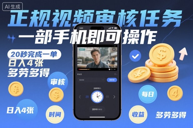 正规视频审核任务,一部手机即可操作,20秒完成一单,日入4张,多劳多得【揭秘】-百盟网