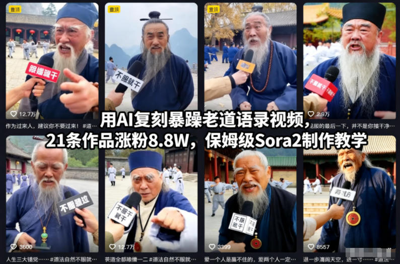 用AI复刻暴躁老道语录视频,21条作品涨粉8.8W,保姆级Sora2制作教学-百盟网