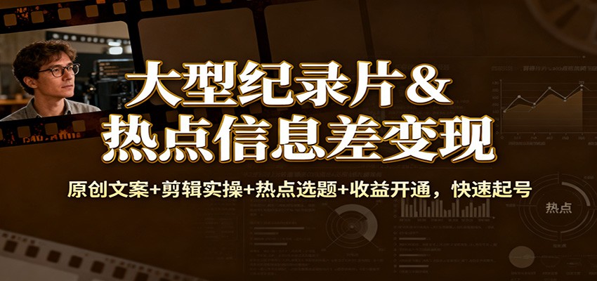 大型纪录片&热点信息差变现:原创文案+剪辑实操+热点选题+收益开通,快速起号-百盟网